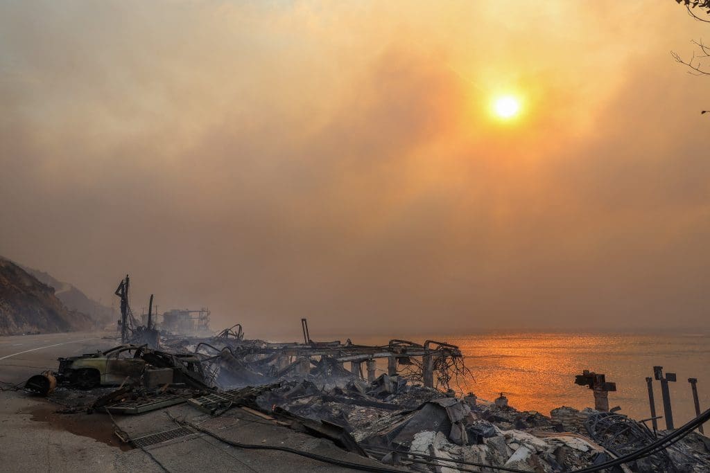 Miles of Pacific Coast Highway are lined with destroyed structures in January 2025.